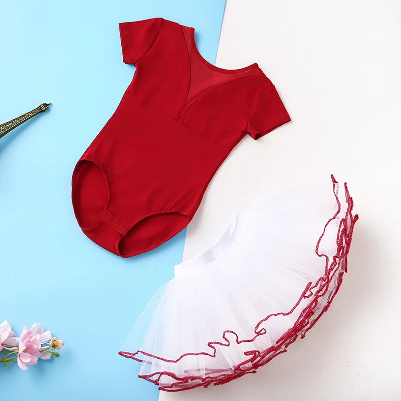 فستان ممارسة الرقص الصيني للأطفال فستان الباليه للفتيات بأكمام قصيرة للجمباز البدني