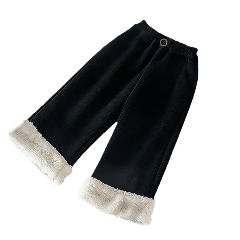 1pcs Boys Girls Winter Velvet Corduroy Kid Pants Little Bear Cartoon Mid Waist Warm Pantalone Baggy Thick Plush Children Trouser