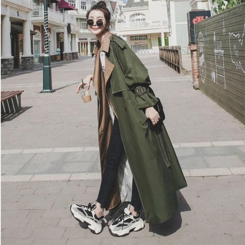 

Splicing Trench Coat Women's Long Korean New Autumn Double-Breasted Work Windbreaker Jacket Female Loose Elegant Raincoats Tops
