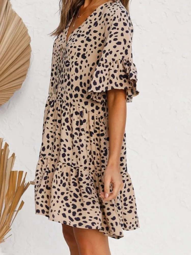 Summer Women\'s New Dress Short-sleeved Loose Button V-neck Leopard Print Splicing Lotus Sleeve Skirt Women Beach Vacation Style