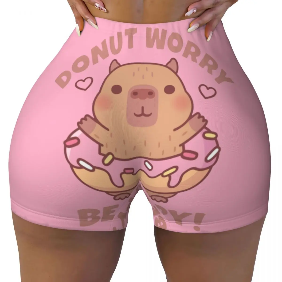 Custom Women's Donut Worry Be Cappy Capybara Workout Yoga Shorts Athletic Gym Biker Running Shorts