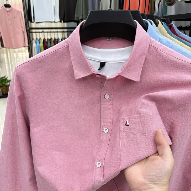 men's cotton100%  autumn high quality shirt lapel embroidery pocket long sleeves leisure business skin-friendly men clothing top