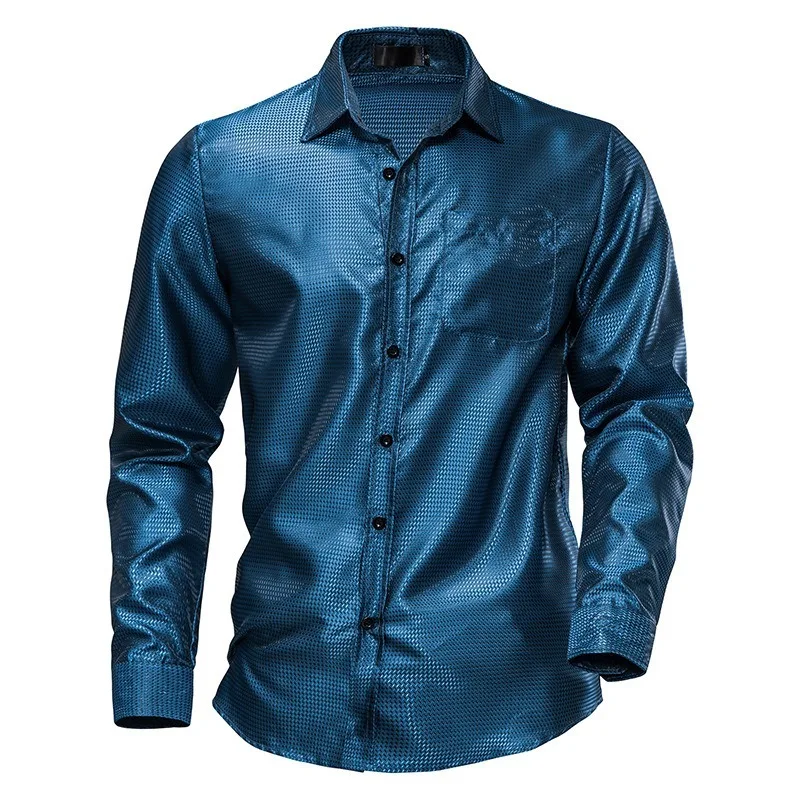 Camisas de vestir informales para hombre, camisa de manga larga brillante, esmoquin de fiesta, discoteca, discoteca, boda, hawaiana, años 70, 2023