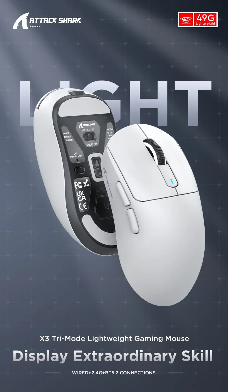 X3 PixArt PAW3395 Lightweight Gaming Mouse 2.4G Tri-Mode Connection 26000dpi Bluetooth Mouse with Macro 49g