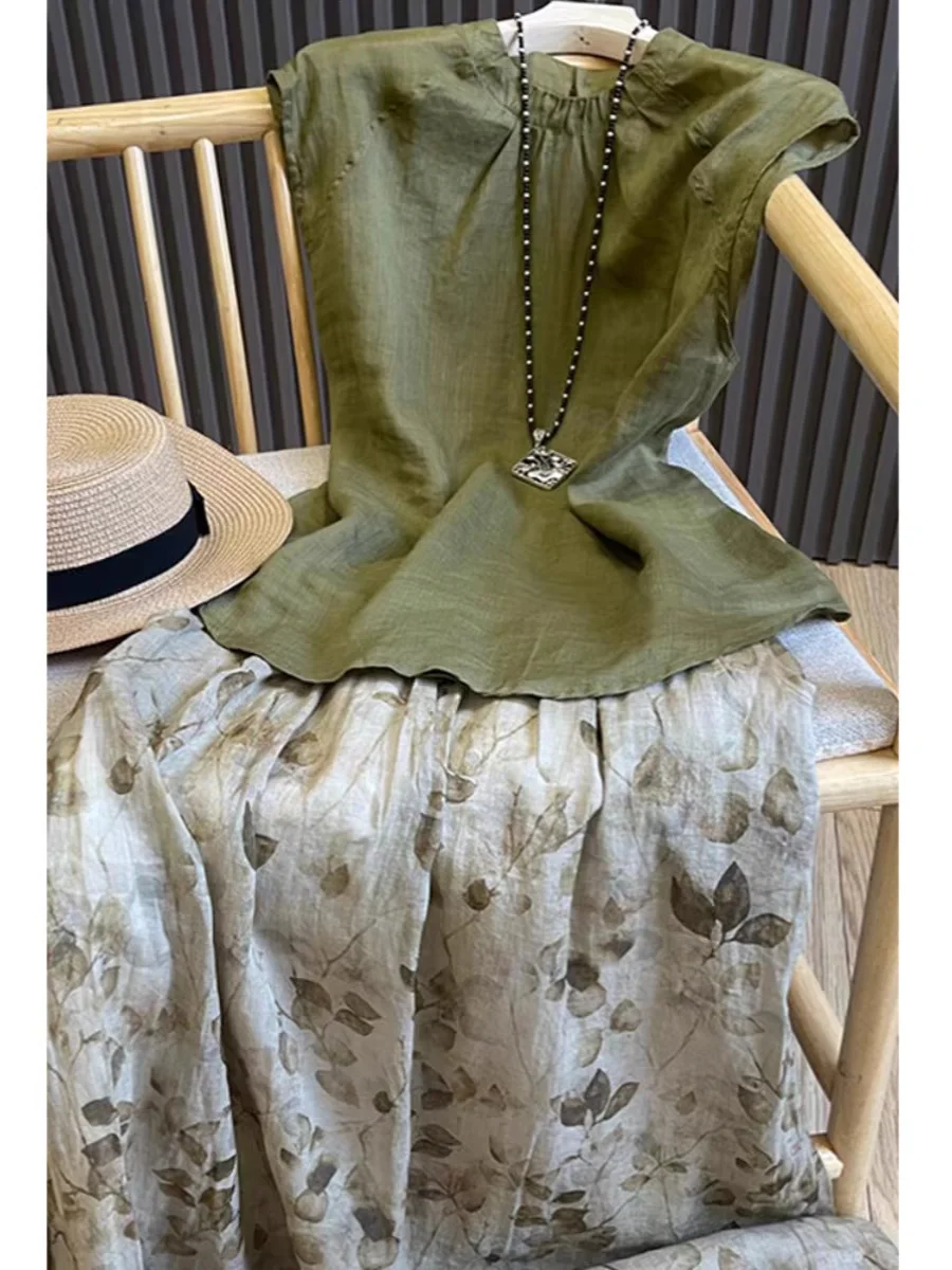 

High Waist Floral Print Cotton Linen A-Line Skirt Women's New Chinese Sle Semi-Body Skirt Sweet Sle mid Length Summer 2024