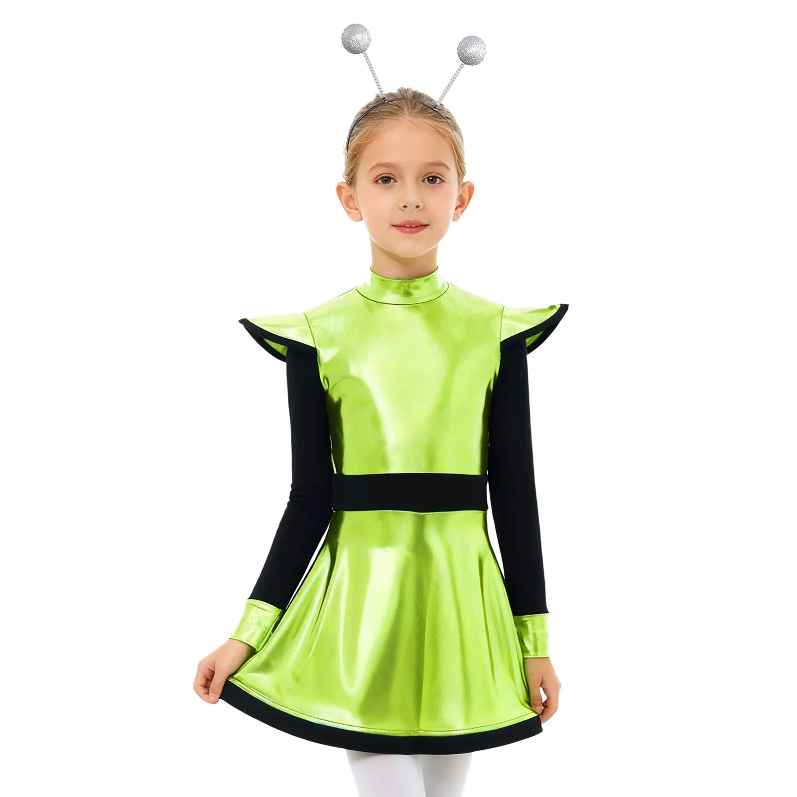Children Girls Silver Astronaut Alien Costume Children's Metallic Robot Dress + Hair Hoop Dance Performance Kids Fancy Dress Up