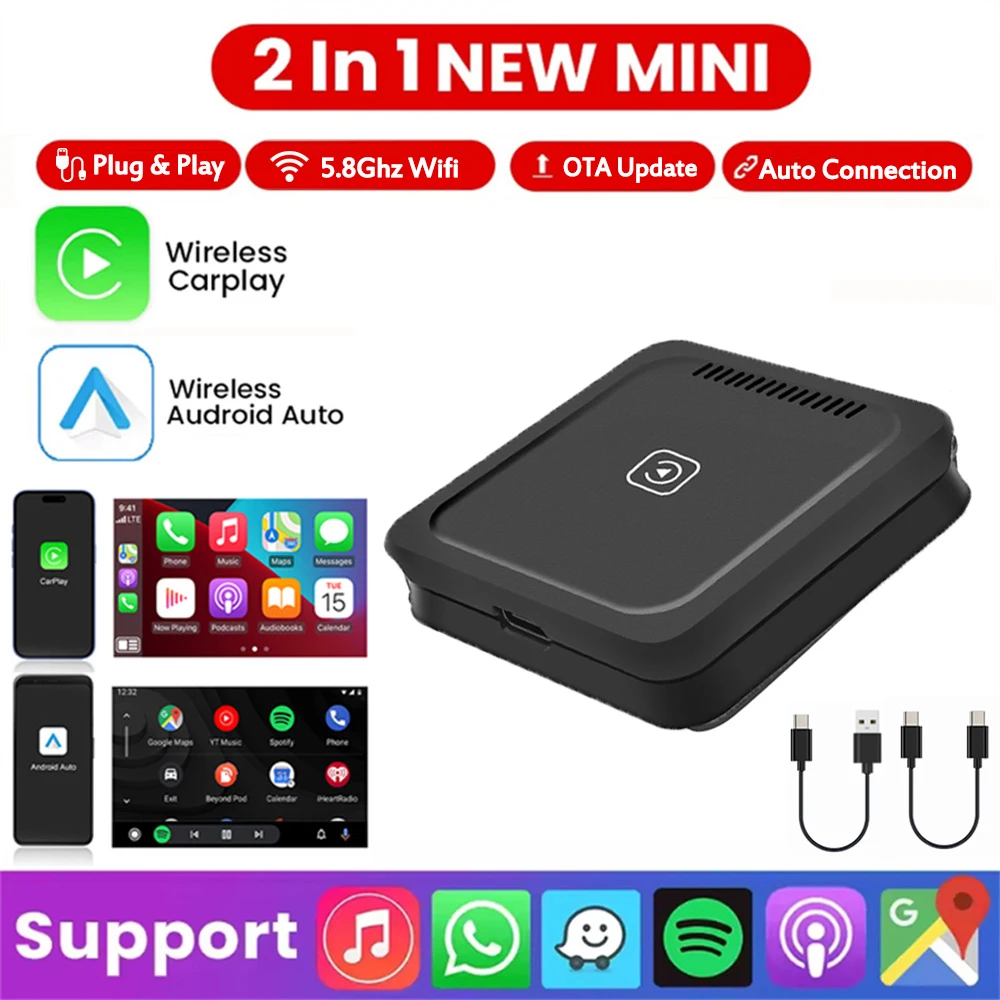 

Адаптер CarPlay и Android Auto: проводной в беспроводной, для модернизации OEM-навигации автомобиля, Plug & Play с кнопкой сопряжения