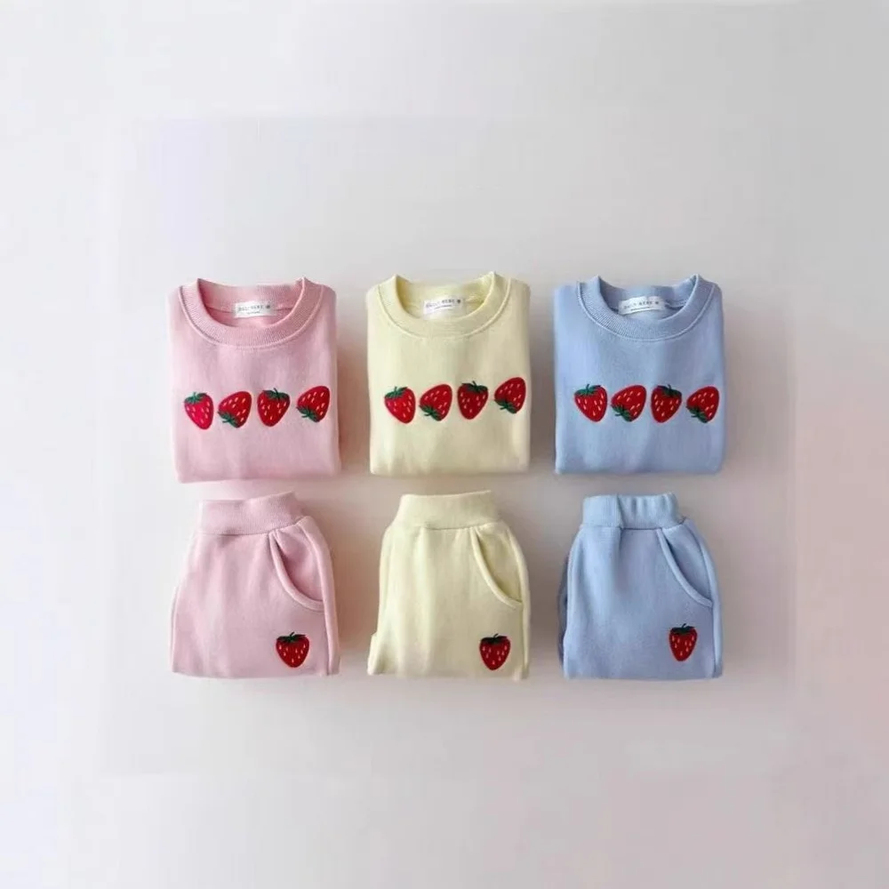 2025 Korean Set Children's Spring and Autumn New Cotton Set Female Baby Strawberry Embroidery Sweater With A Two-piece Set