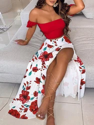 2-Piece Boho Chic Ensemble Off-Shoulder Smocked Tube Top&Floral High-Waist Split Maxi Skirt Summer Women Casual Wear Dress Sets