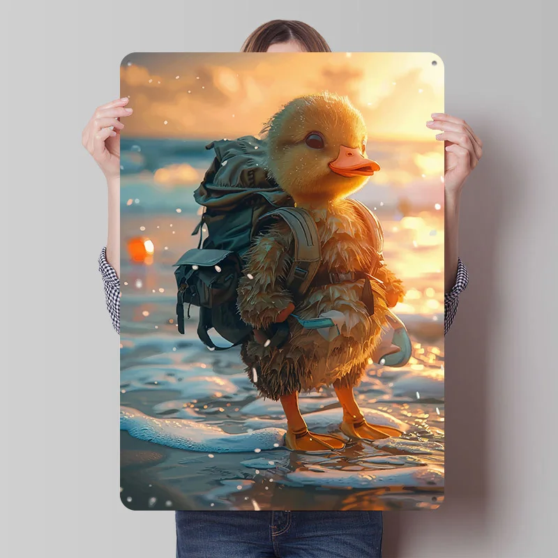 Duckling Traveler on a Beach Tin Poster Customized Wall Art Retro Vintage Metal Signs for Fans Room Bedroom Decoration Gaming