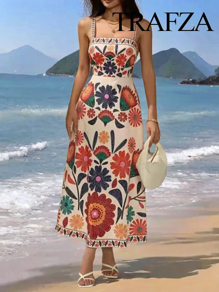 

TRAFZA Women's Summer Fashion Square Collar Floral Print Midi Sleeveless Dress Female Beach Style Zipper Causal Suspender Dress