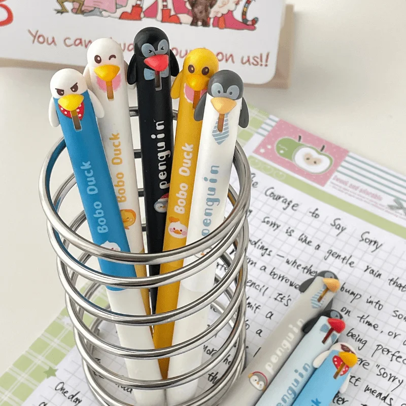 4/8pcs Fun Duck and Penguin Shaped Gel Pen Set Stress-relief Gel Pens Push-button Mechanism 0.5mm Tip Black Ink Refills A3312