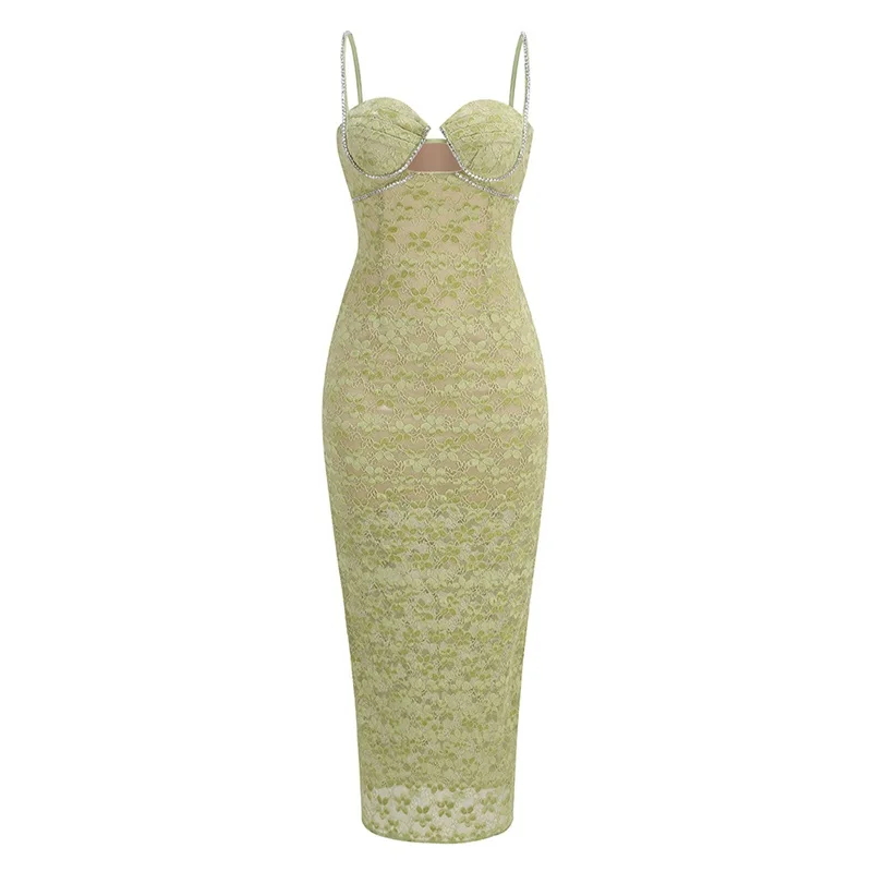 Sexy Crystals Prom Dress Hollow Stripe Sleeveless Green Lace Party Gown Sheath Formal Bridal Wedding Birthday Robe