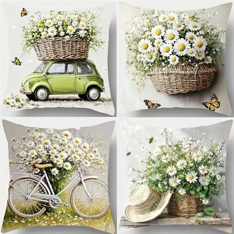 VIKAMA Vintage Floral Cushion Cover, Nostalgic Daisy Basket Pattern Pillowcase, Perfect for Sofa and Living Room Decor