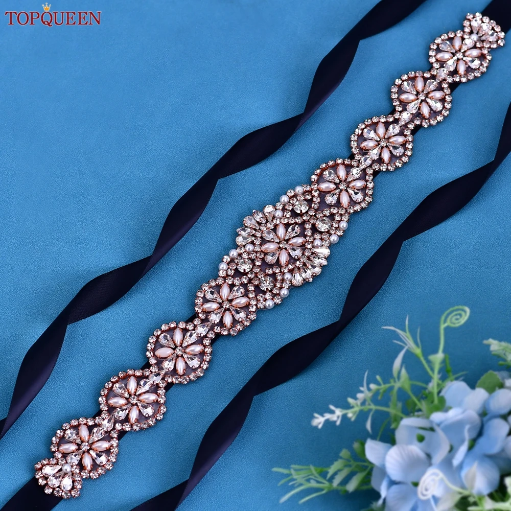 TOPQUEEN S161-RG Bridal Wedding Belts Bride for Women Shiny Rose Gold Rhinestone Formal Prom Party Dress Decoration Ribbon Sash