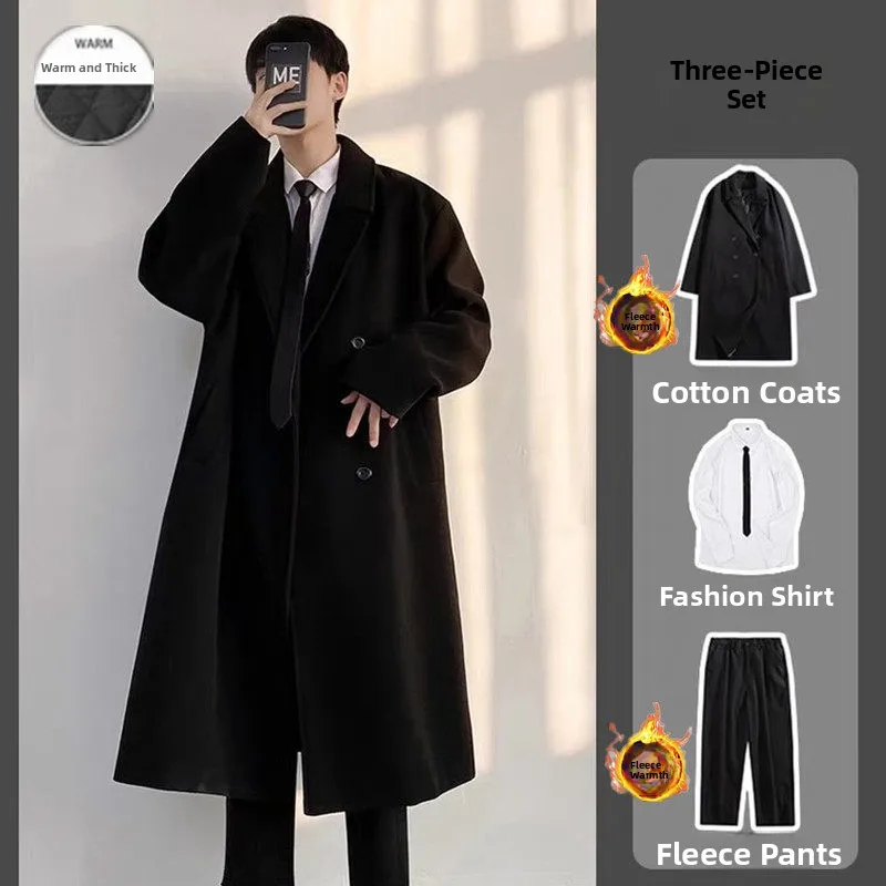 

Knee-Length Men's Woolen Coat Set Sli Autumn Winter Tee-Piece Suit Casual Sports Wear Long Sve Long Pants for Teens