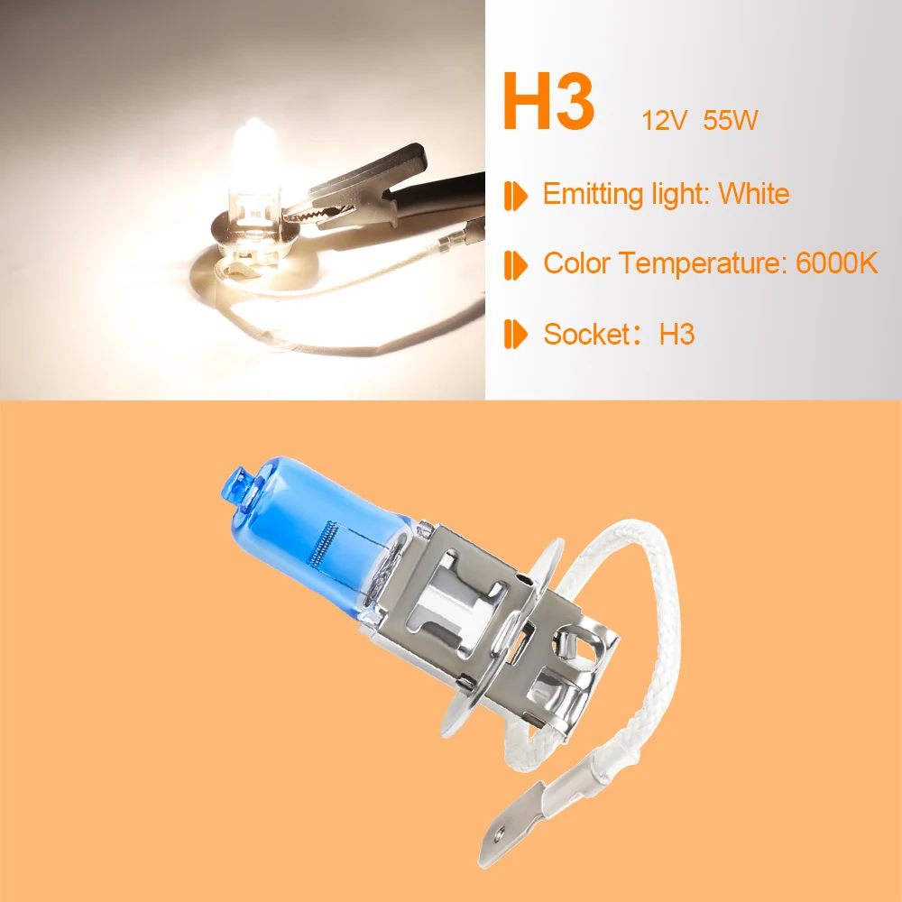 H3 55W 12V Halogen Bulb Lamp For Car 6000k Super Bright Halogen Light Bulbs 2pcs Headlight Lamp Cars Fog Light Lens Car Styling