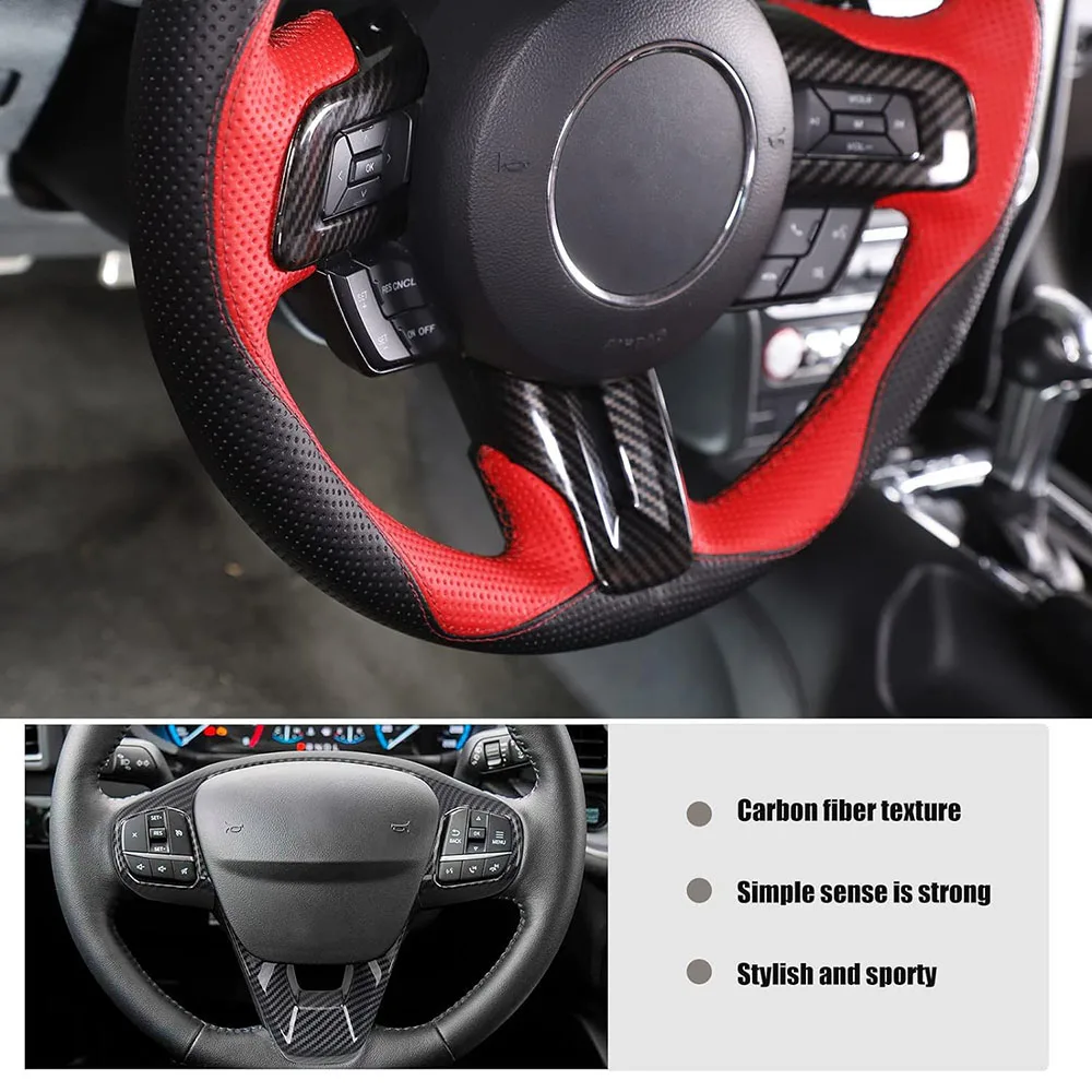 1Set Carbon Fiber Steering Wheel Decoration Interior Trim Kit Accessories for 2015-2023 Ford Mustang