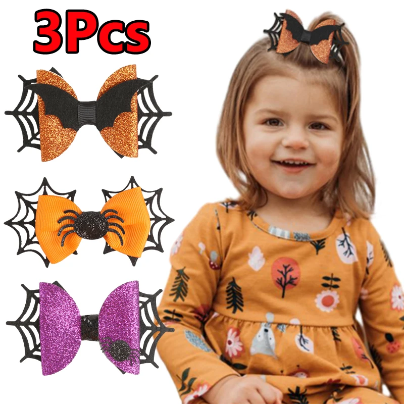 

ncmama 3/4Pcs Halloween Hair Bow Clips Set Sweet Girls Ribbons Bows Hairpin Funny Pumpkin Ghost Skull Barrettes Hair Accessories