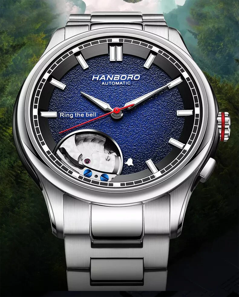 HANBORO Men Automatic Watch 41.5MM Luxury Mechanical Wristwatch 5Bar Sapphire Luminous Skeleton Dial Alarm Ring The Bell