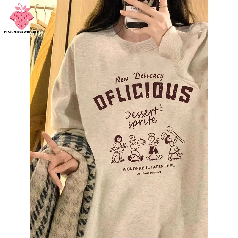 

American Cartoon Print Plush Sweatshirt Women Autumn Winter 2025New Oversize O-Neck Long sleeve Pullover Y2K Top Female Clothing