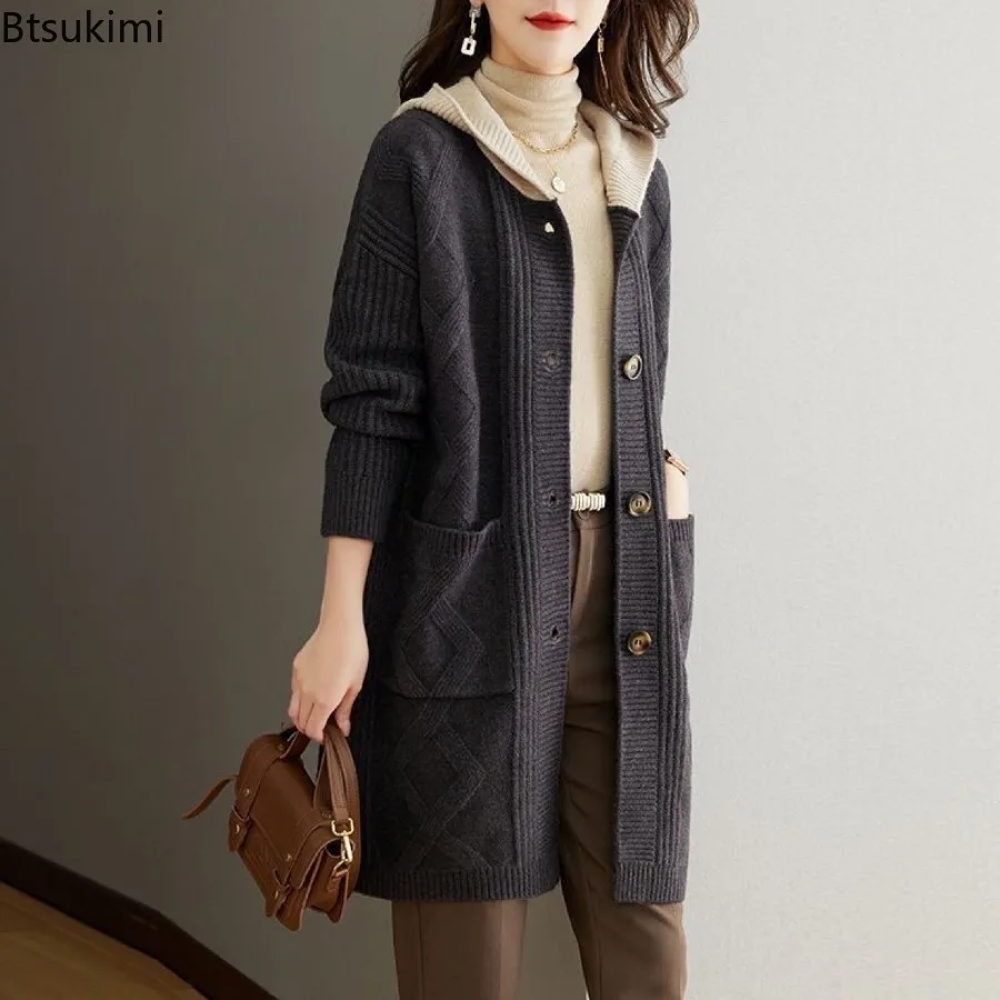 Damen-Strickjacke mit Kapuze, Patchwork-Design, mittellang, einreihig, locker geschnitten, Strickmantel, Herbst-Winter, lässiger Strickpullover