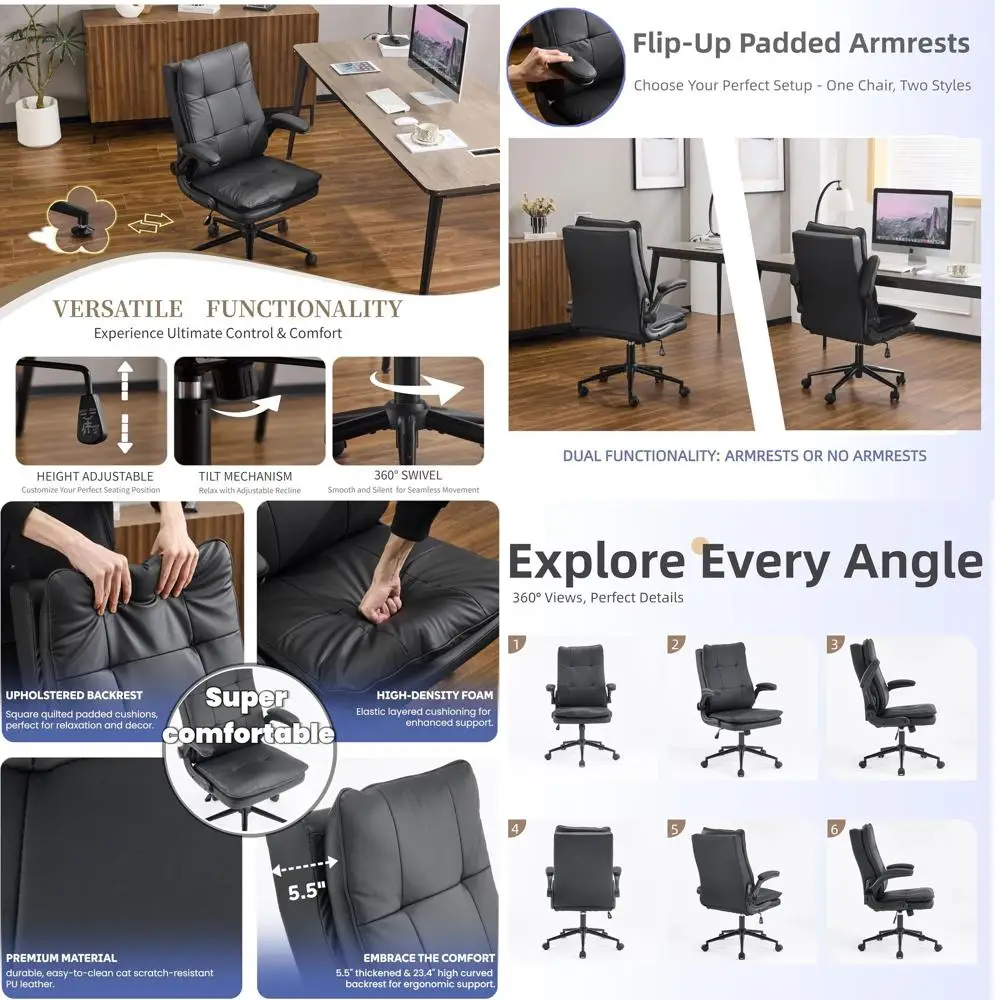

Ergonomic Black Leather Desk Chair with High-Back Support, Adjustable Height, 360° Swivel, Flip-Up Arms, for Home Office Gaming