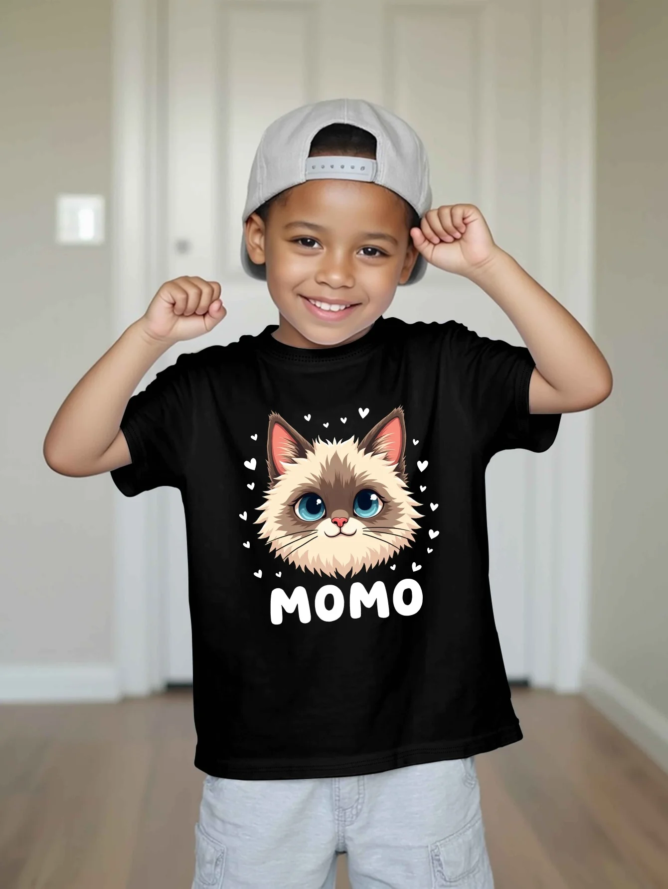 Cute Fluffy Kitten Momo Love Heart Cartoon Animal Graphic Print T Shirt Family Matching Boys Girls Kids Casual Short Sleeve Tops