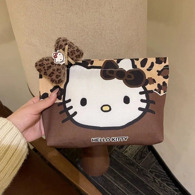 New Leopard Print Hello Kitty Kawaii Makeup Bag Cartoon Anime Accessories Women's Portable Simple and Eye Catching Storage Bag