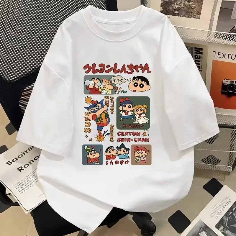 Japanese Style Summer Crayon Shin Chan Cartoon Character T-shirt Harajuku Fashion Cotton Leisure Top for Men and Women