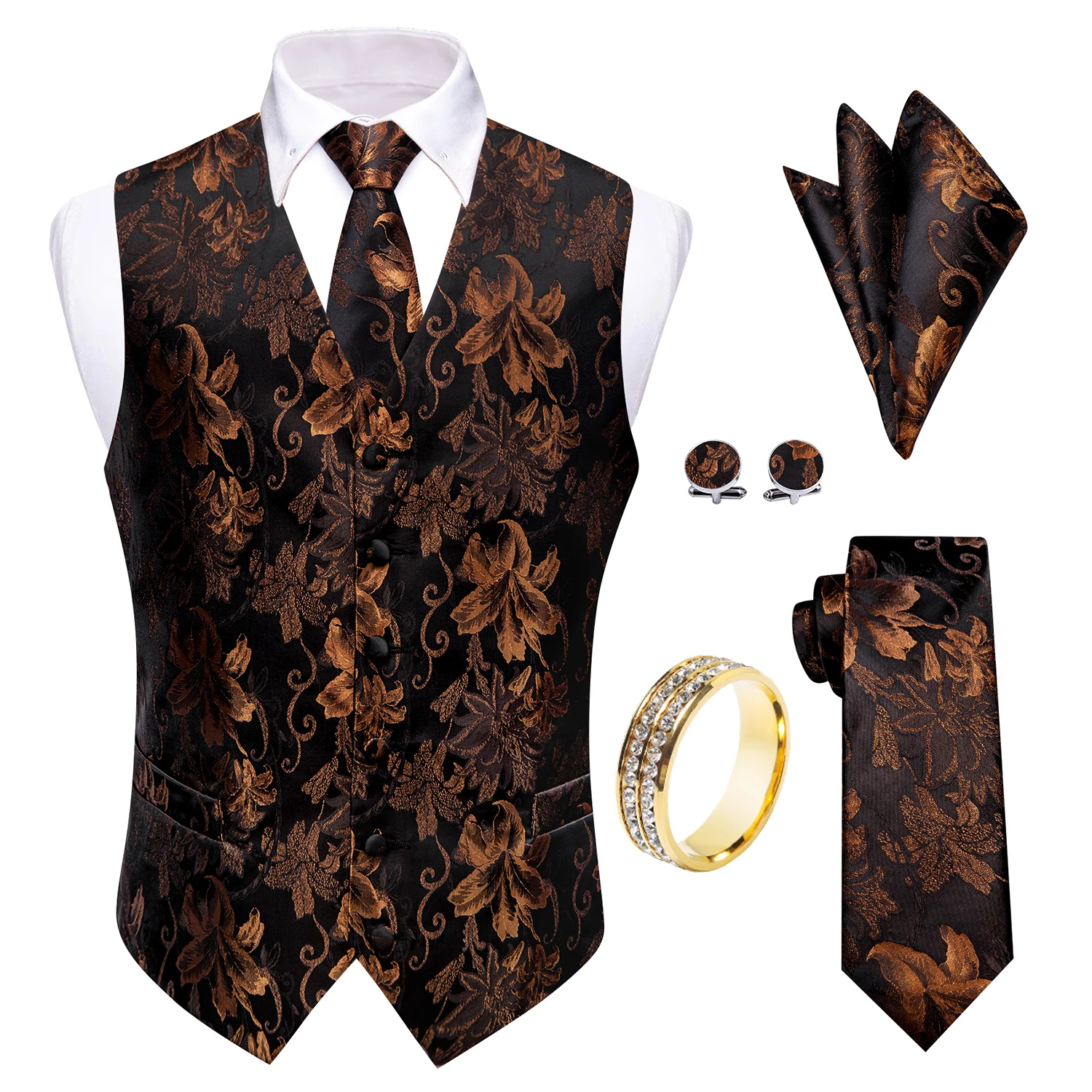 

Black Brown Floral Jacquard V-Neck Vest 5Pcs Set Tie Pocket Square Cufflinks Gold Rhinestone Ring For Vintage Banquet