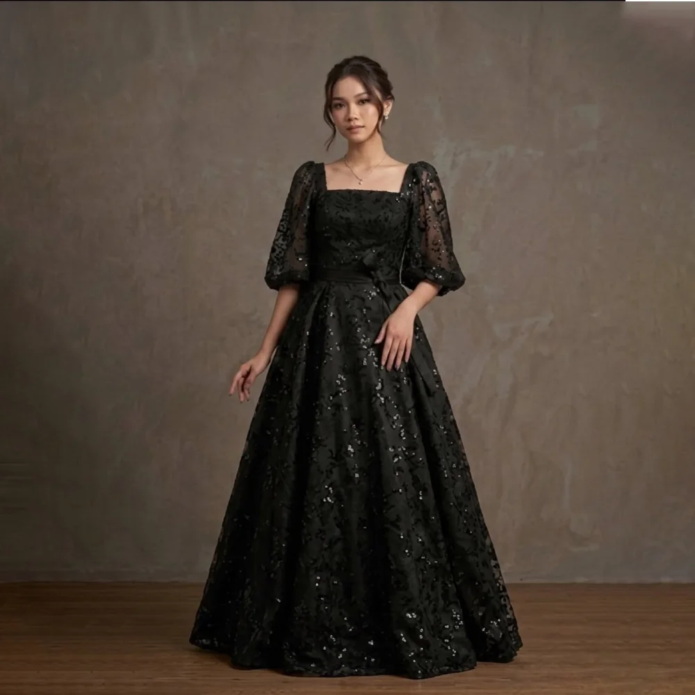 Customized Black Square Neck Tulle Puff Sleeve Mother Of Bride Dresses Sequin Lace Sash A Line Formal Wedding Guest Gown