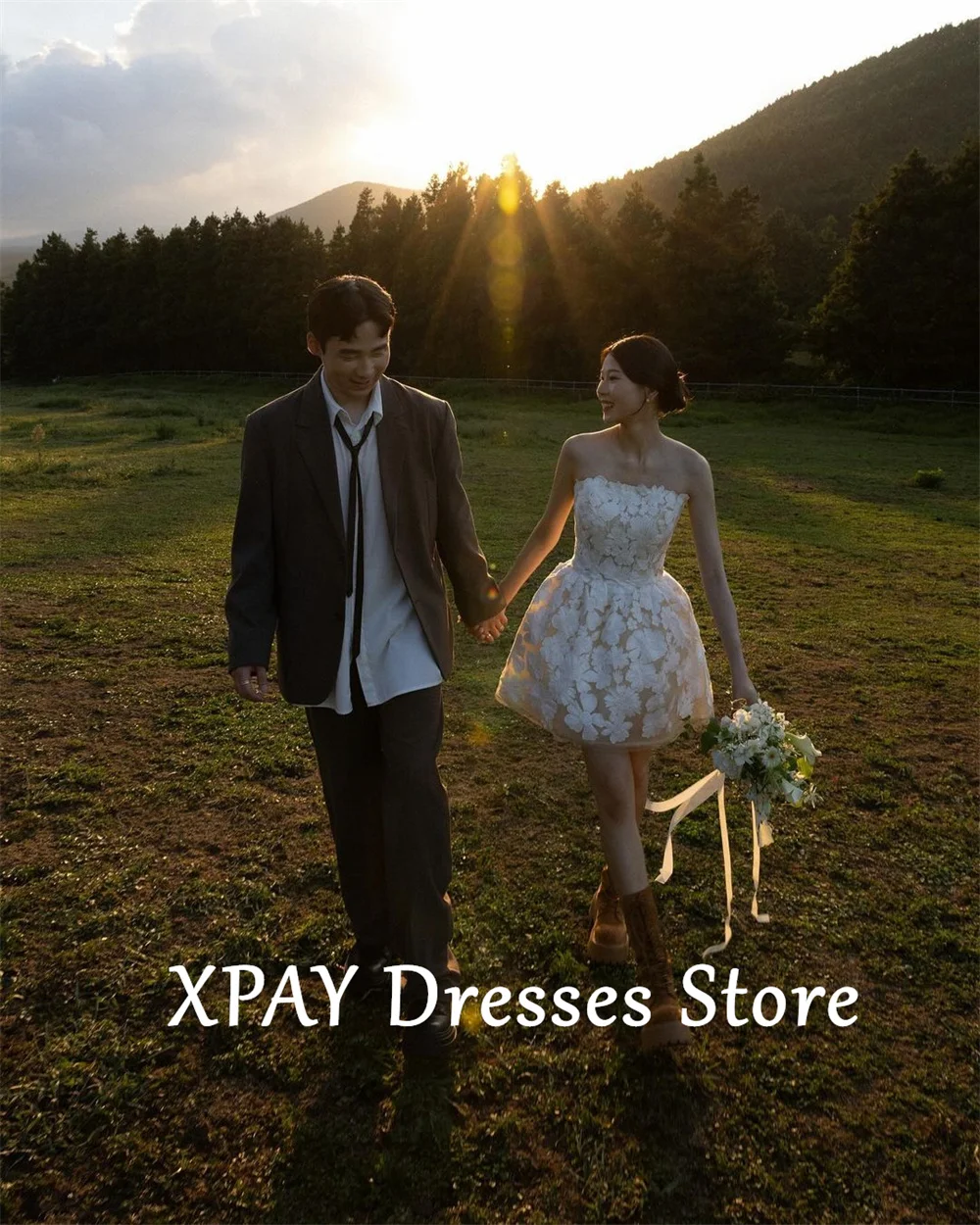 XPAY-vestidos de novia cortos de encaje Floral sin tirantes, minivestido de novia de línea a para sesión de fotos, vestidos de recepción encantadores hechos a medida