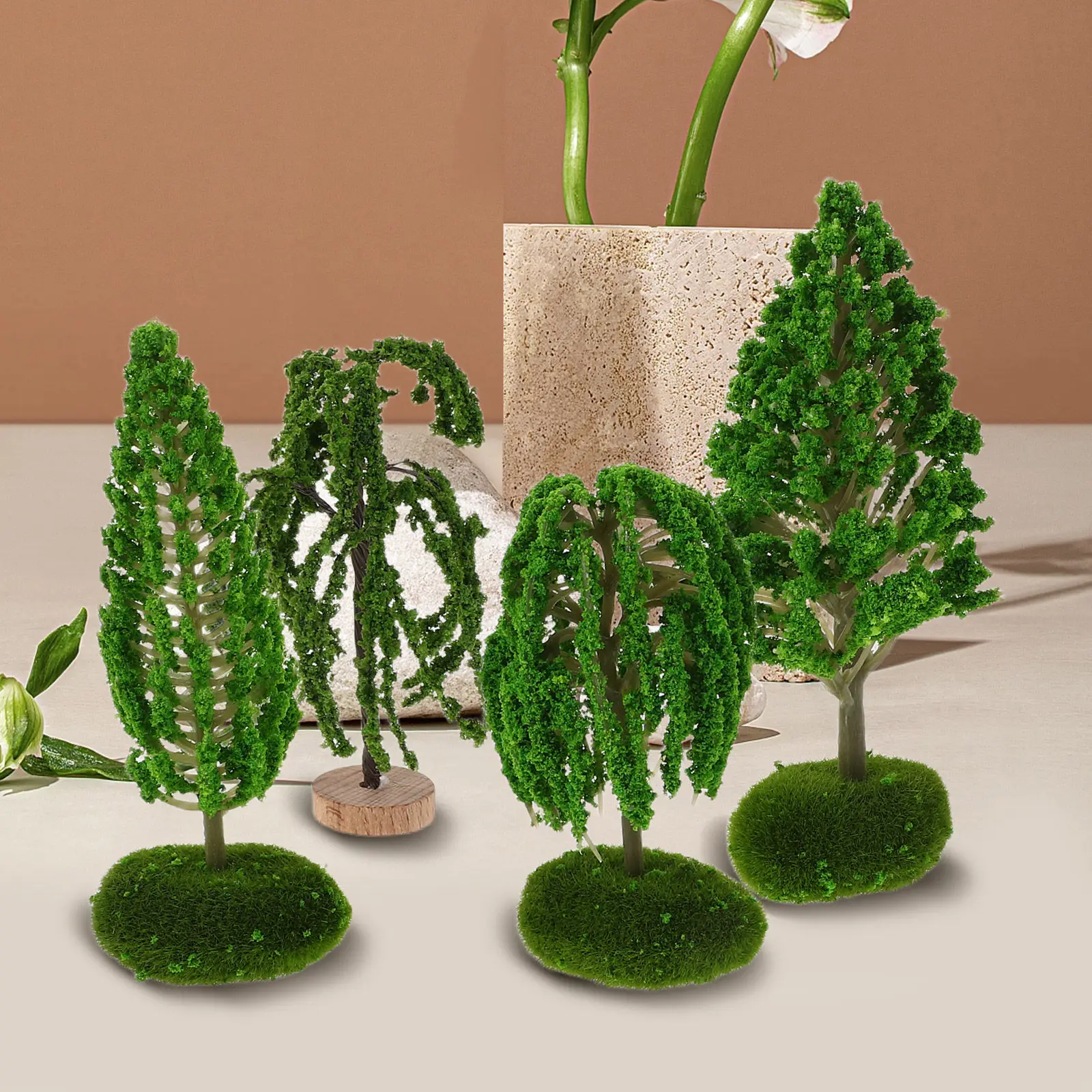 4Pcs Mini Artificial Trees Mixed Types Durable Plastic Miniature Pine Palm Scenery for Diorama Railroad Landscape Craft