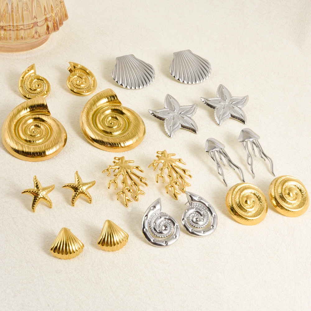 1pair/2pcs Stainless Steel Vintage Metal Ocean Earrings Shell Coral Starfish Jellyfish Earrings For Women Piercing Party Gift