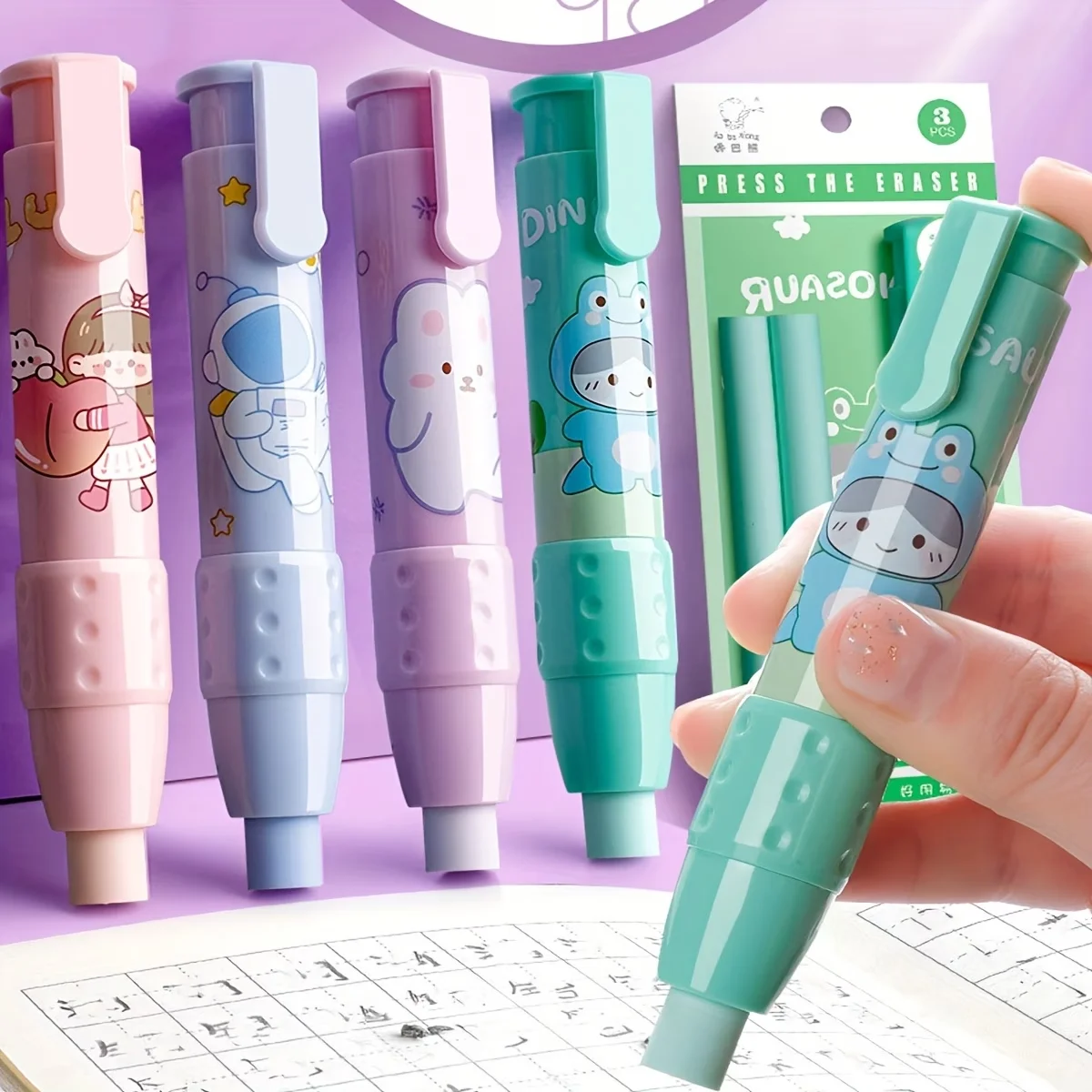 Retractable Pen Eraser with Refills, Cute Cartoon Press Eraser for  School Supplies