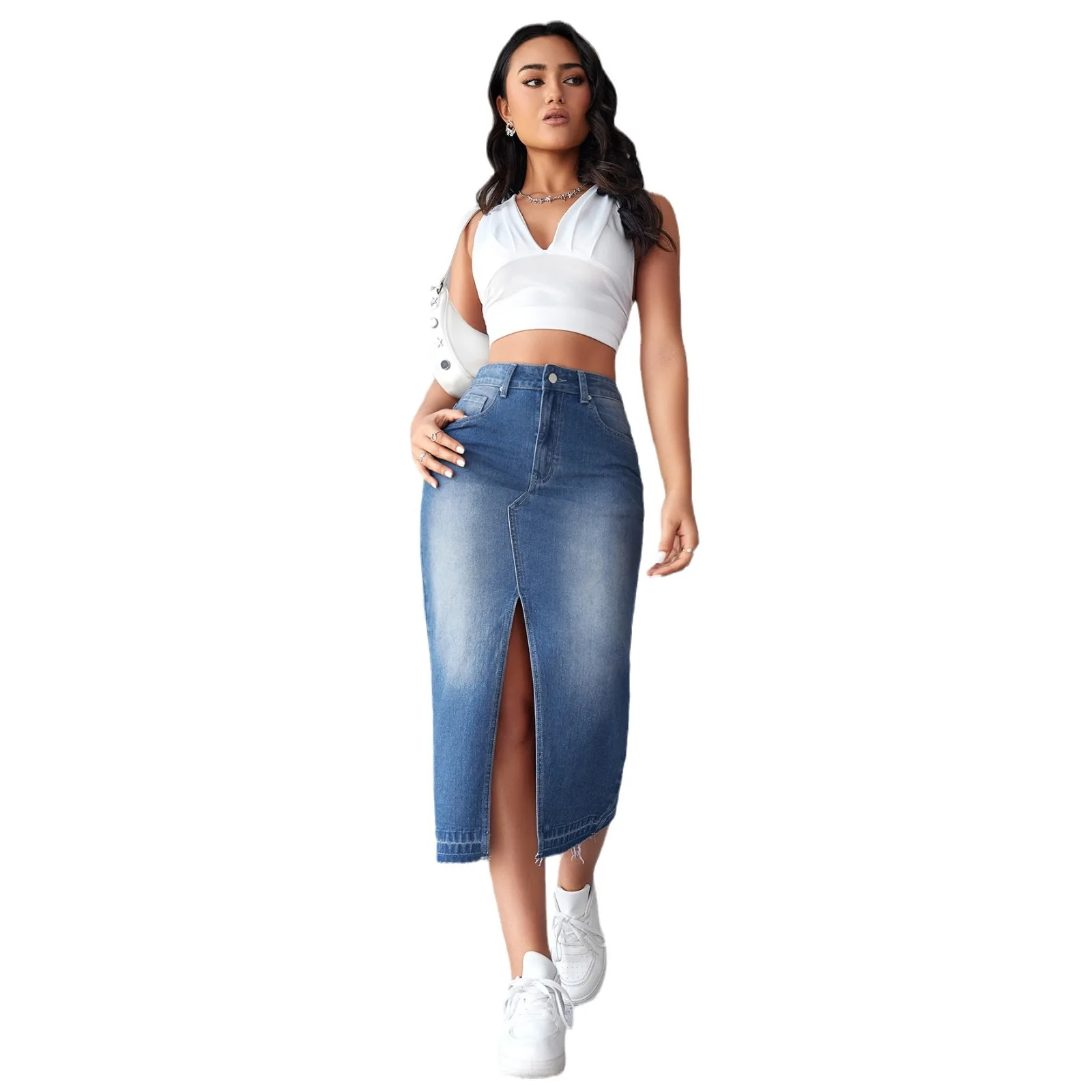 Europäisch-amerikanisches Modedesign: Lässiger Jeansrock mit Schlitz, Neuer A-Linien-Rock mit hoher Taille für Damen im Frühling und Sommer