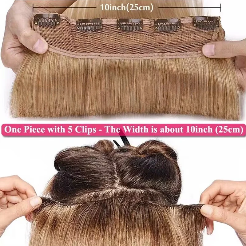 Clip In Human Hair Extensions One 5 Piece Clips Full Head-Thicker Standard Weft P4/27 Medium Brown Huamn Hair 16-26 Inches