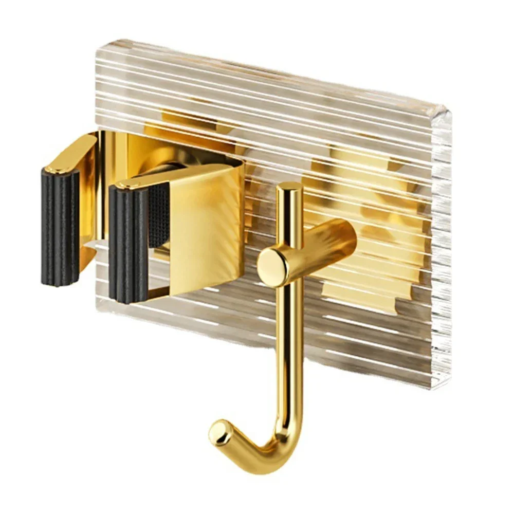 Bathroom Multi-functional Storage Hook Light Luxury Gold Broom Holder Clip Hook Without Punching Mop Broom Fixed Hanger Acrylic