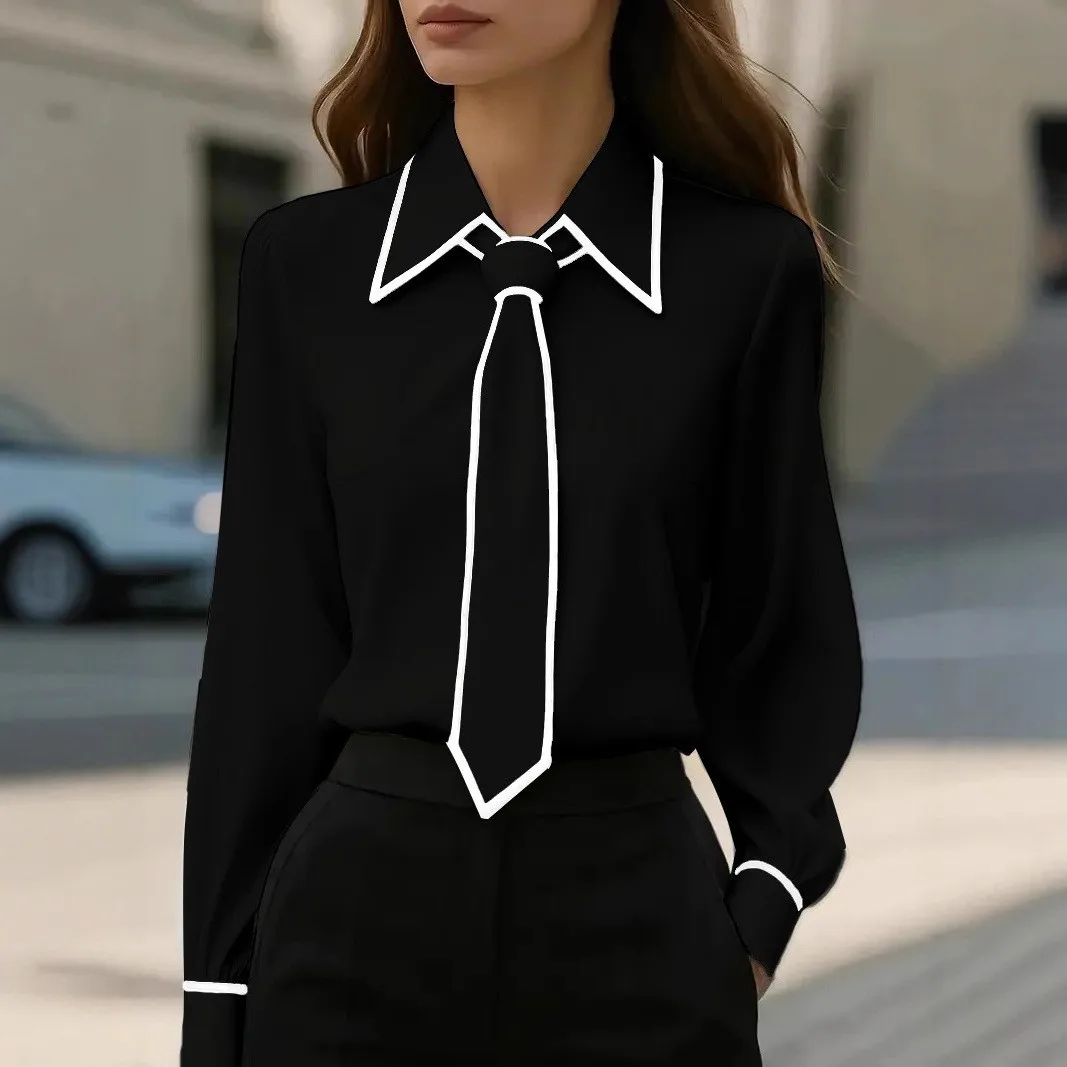 Woven Long Sleeve Skirt Elegant with V Neck Patchwork Long Skirt Pullover No Stretch Elegant Professional Autumn for Women