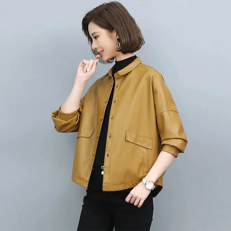

Women Leather Jacket New Female Spring Autumn Large Size Coats Female Leather Overcoat PU Leather Jacket JJ239