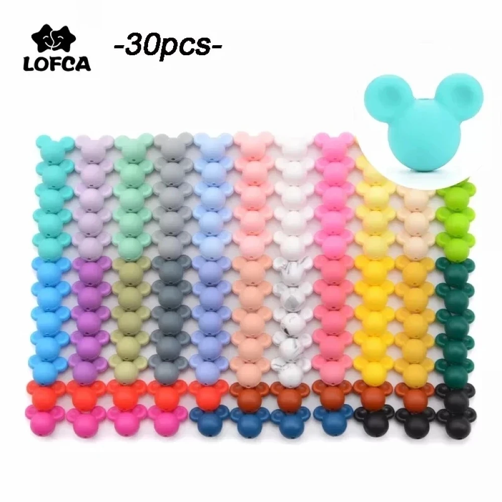 LOFCA 30pcs Silicone Beads BPA Free Cartoon Mouse Baby Teething Toys Food Grade Silicone Nursing Necklace Making Pacifier chain