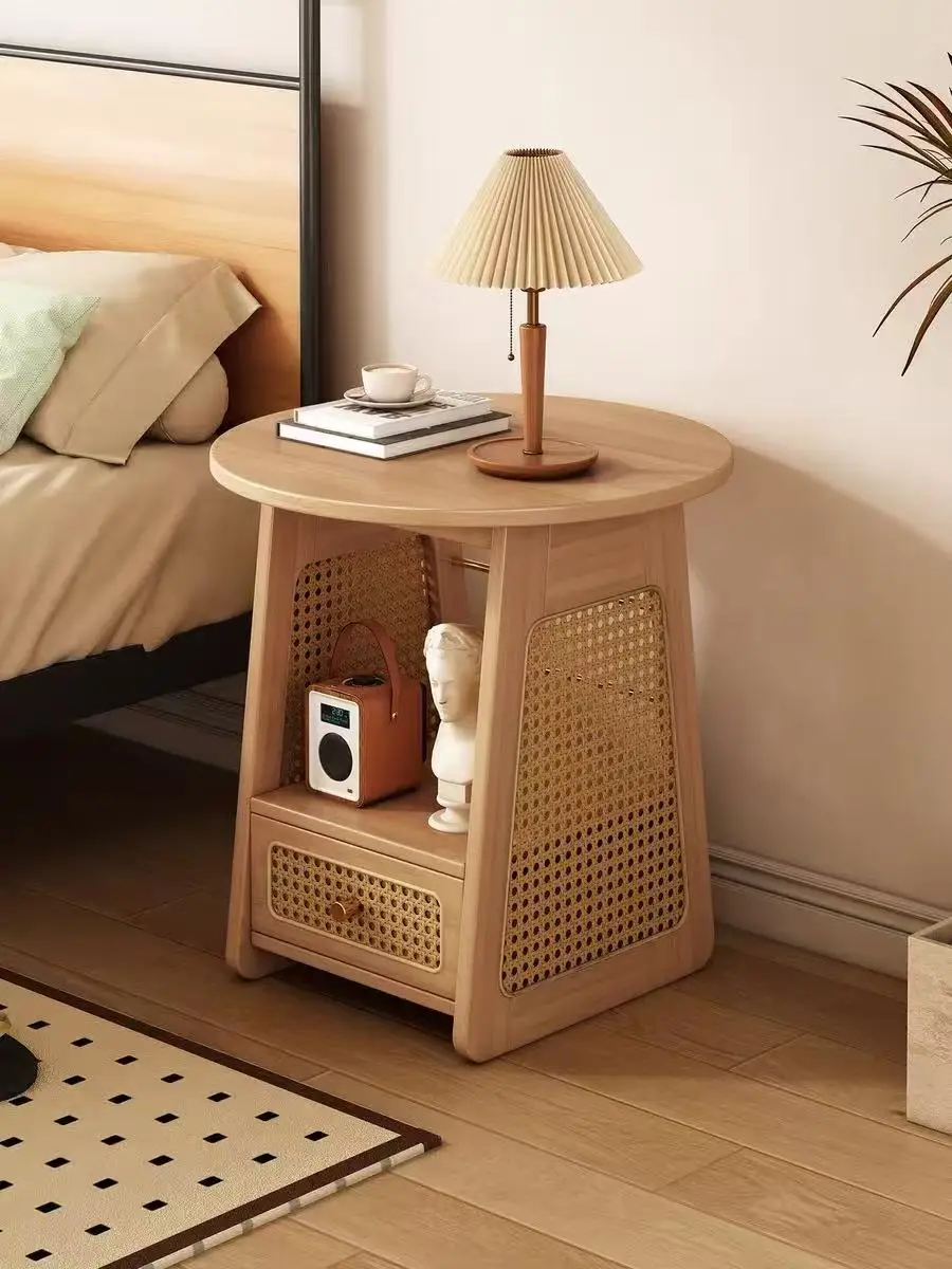 Rattan Round Side Table, Mid-Century Corner Table with Storage for Bedroom