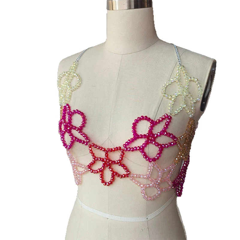 2026 New Arrival Music Festival Female Crystal Beads Body Chain Halter Top Bralette Floral Beaded Multicolor Top