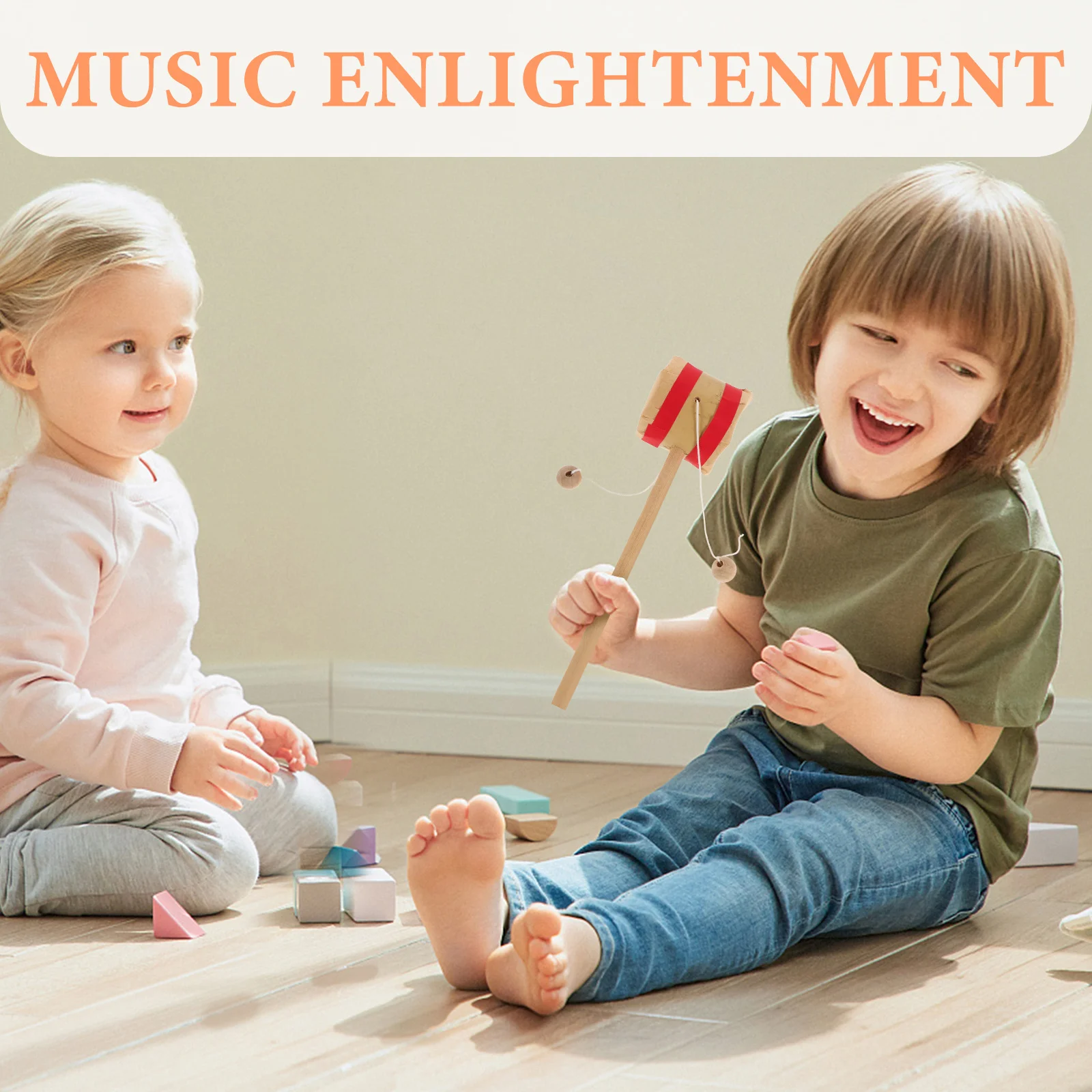 1pcs Wooden Rattle Drum Natural Handcrafted Baby Musical Instrument Kids Early Learning Shakers Percussion Drum Instruments