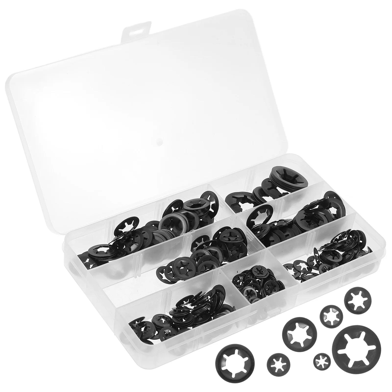 

340Pcs Locking Washers Black Internal Tooth 7 Sizes Assorted Quick Push on Clips Fasteners Set Locking Washer