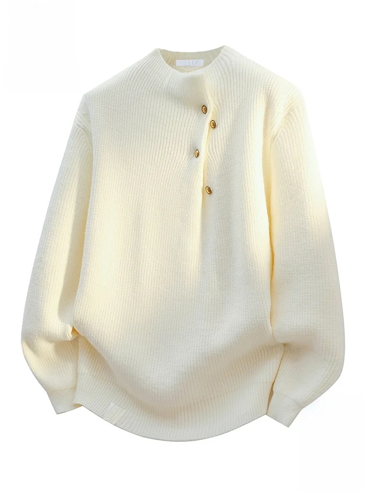 

Свитер PaulFrank M f-High Collar с высоким воротником, повседневный, свободного кроя, с длинными рукавами, белый, вязаный, с пуговицами, для осени