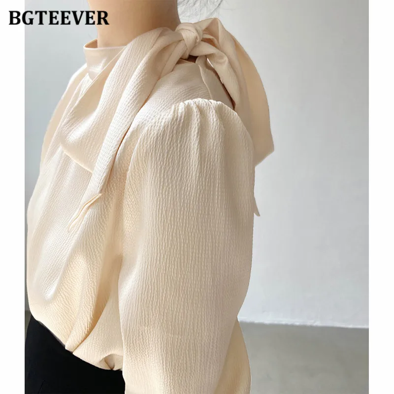 BGTEEVER Stylish Bow Neck Ladies Satin Blouses Autumn Elegant Loose Female Pullovers Tops Long Sleeve Women Shirts