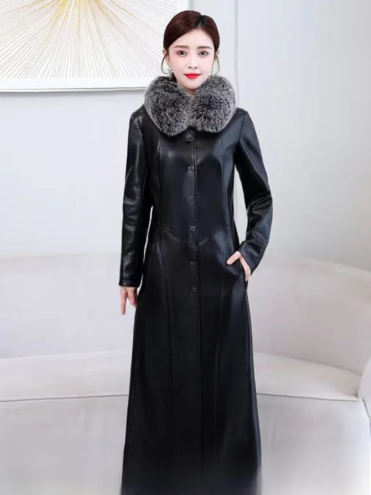 

Haining Genuine Leather Coat Women's Mid-Length Over-Knee 2025 Spring Autumn New Sle eepskin Fur Cotton Lined Windbre...