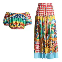 JAMERARY Runway Floral Two-piece Set For Women Summer Sexy Crop Tops Print A Line Maxi Long Skirts Suits Beach Outfits